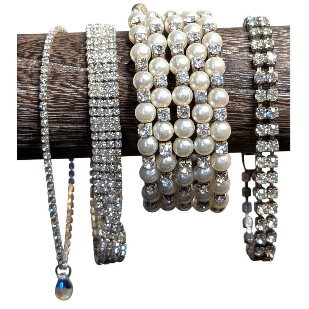 Lot of Four Vintage Pearl Rhinestone Silver Tone Bracelets
